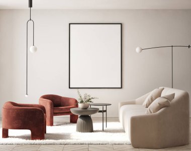 Modern iç plan, oturma odası, İskandinav tarzı, 3D çizim, 3D resim