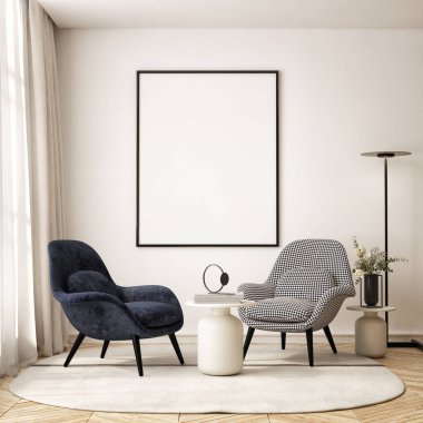 Modern iç plan, oturma odası, İskandinav tarzı, 3D çizim, 3D resim