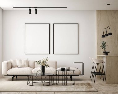 Modern iç plan, oturma odası, İskandinav tarzı, 3D çizim, 3D resim