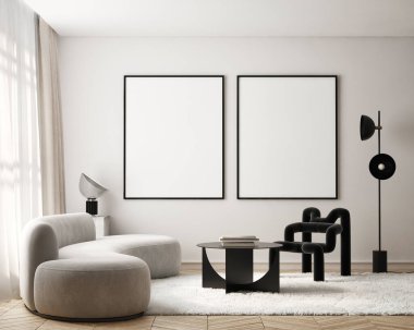 Modern iç plan, oturma odası, İskandinav tarzı, 3D çizim, 3D resim