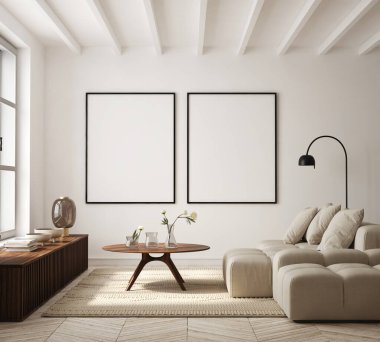 Modern iç plan, oturma odası, İskandinav tarzı, 3D çizim, 3D resim