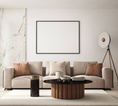 Modern iç plan, oturma odası, İskandinav tarzı, 3D çizim, 3D resim