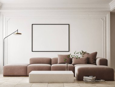 Modern iç plan, oturma odası, İskandinav tarzı, 3D çizim, 3D resim