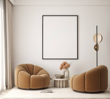 Modern iç plan, oturma odası, İskandinav tarzı, 3D çizim, 3D resim