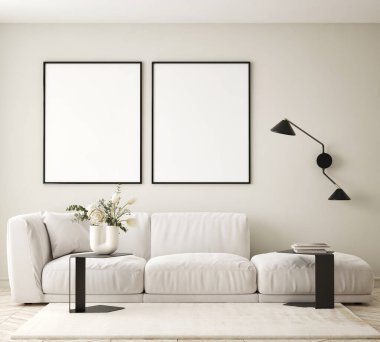 Modern iç plan, oturma odası, İskandinav tarzı, 3D çizim, 3D resim