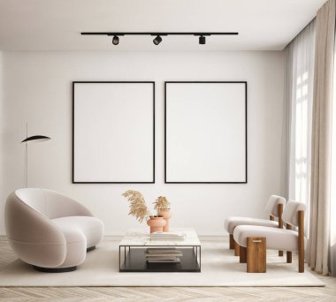 Modern iç plan, oturma odası, İskandinav tarzı, 3D çizim, 3D resim
