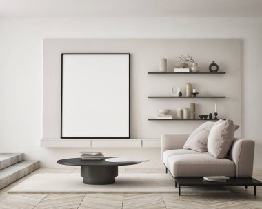 Modern iç plan, oturma odası, İskandinav tarzı, 3D çizim, 3D resim