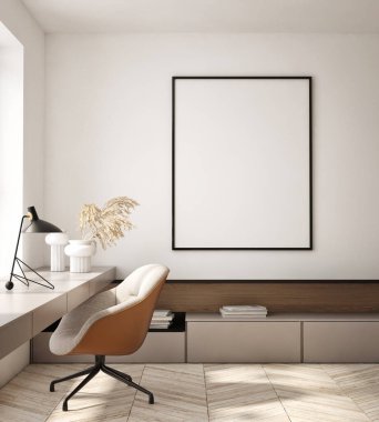 Modern iç plan, oturma odası, ofis, 3D resim, 3D resim.