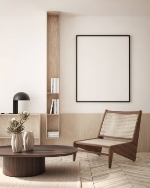 Modern iç plan, oturma odası, İskandinav tarzı, 3D çizim, 3D resim