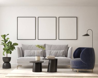 Modern iç plan, oturma odası, İskandinav tarzı, 3D çizim, 3D resim