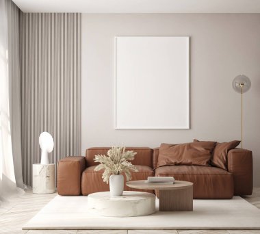 Modern iç plan, oturma odası, İskandinav tarzı, 3D çizim, 3D resim