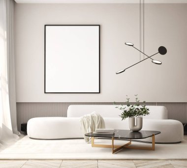 Modern iç plan, oturma odası, İskandinav tarzı, 3D çizim, 3D resim