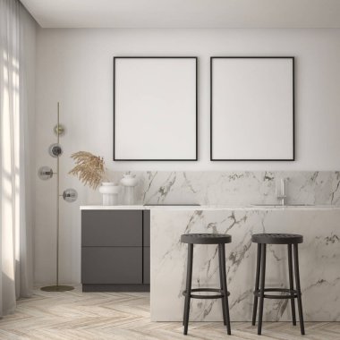 Modern iç plan, oturma odası, İskandinav tarzı, 3D çizim, 3D resim