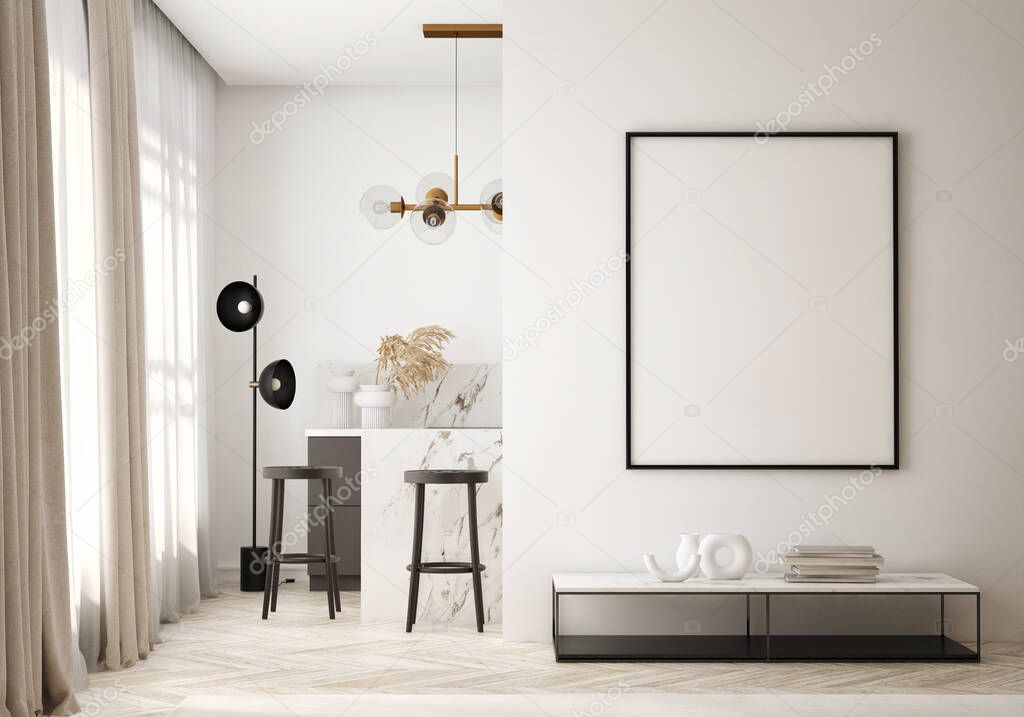 mock up poster frame in modern interior background, living room, Scandinavian style, 3D render, 3D illustration