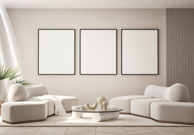 Modern iç plan, oturma odası, İskandinav tarzı, 3D çizim, 3D resim