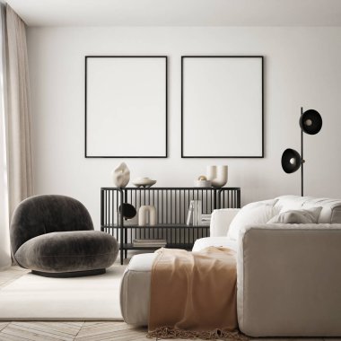 Modern iç plan, oturma odası, İskandinav tarzı, 3D çizim, 3D resim