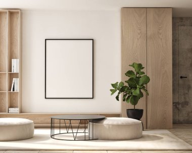 Modern iç plan, oturma odası, İskandinav tarzı, 3D çizim, 3D resim