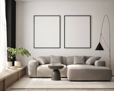 Modern iç plan, oturma odası, İskandinav tarzı, 3D çizim, 3D resim