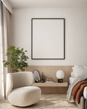 Modern iç plan, oturma odası, İskandinav tarzı, 3D çizim, 3D resim