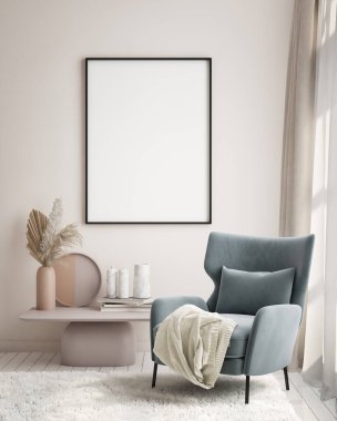 Modern iç plan, oturma odası, İskandinav tarzı, 3D çizim, 3D resim