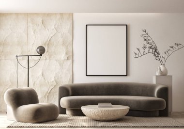 Modern iç plan, oturma odası, İskandinav tarzı, 3D çizim, 3D resim