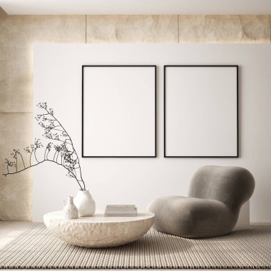 Modern iç plan, oturma odası, İskandinav tarzı, 3D çizim, 3D resim