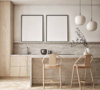 Modern iç plan, oturma odası, İskandinav tarzı, 3D çizim, 3D resim