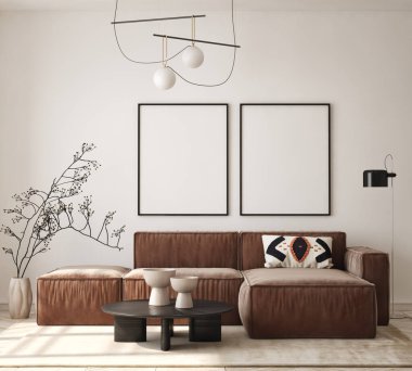 Modern iç plan, oturma odası, İskandinav tarzı, 3D çizim, 3D resim