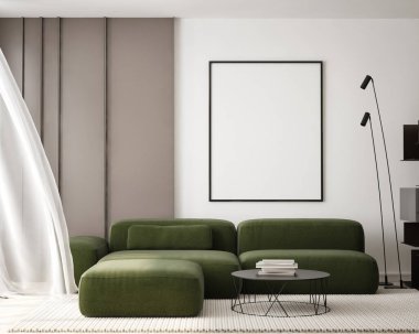 Modern iç plan, oturma odası, İskandinav tarzı, 3D çizim, 3D resim