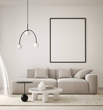 Modern iç plan, oturma odası, İskandinav tarzı, 3D çizim, 3D resim