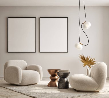 Modern iç plan, oturma odası, İskandinav tarzı, 3D çizim, 3D resim