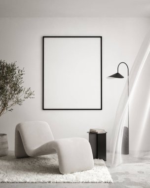 Modern iç plan, oturma odası, İskandinav tarzı, 3D çizim, 3D resim