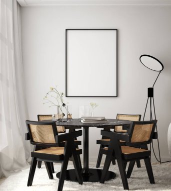 Modern iç plan, mutfak ve oturma odası, çağdaş tarz, 3D resim, 3D resim.