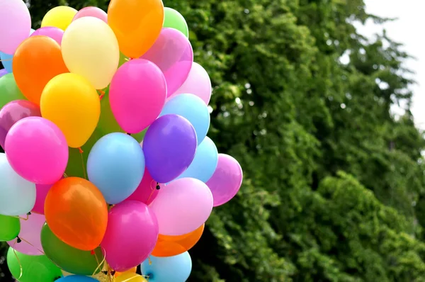 Manojo Globos Multicolores Festival Ciudad Contra Los Árboles Fondo Imagen de stock