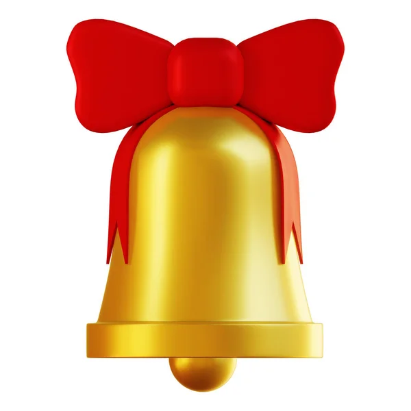 Glocke. 3D-Darstellung. Goldene Neujahrsglocke mit großer roter Schleife. — Stockfoto
