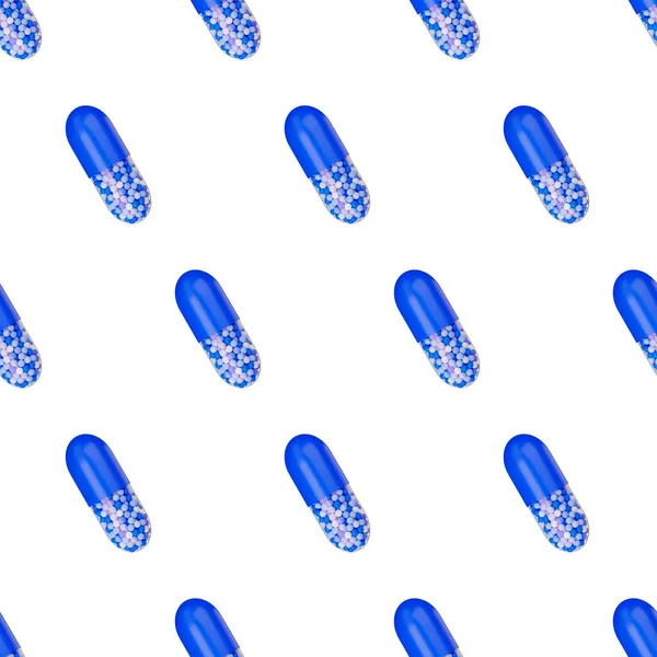 Pigułki bez szwu wzór. 3d renderowanie. Niebieska kapsułka. Lek leczniczy łagodzący objawy. — Zdjęcie stockowe