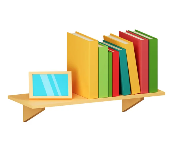 Półka z książkami. Drewniana półka z kolorowymi książkami i ramką na zdjęcia. Projekt wnętrz. — Zdjęcie stockowe