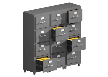 Ofis dolabı. Önemli belgelerle birlikte ofis çekmecesinin 3D illüstrasyonu.