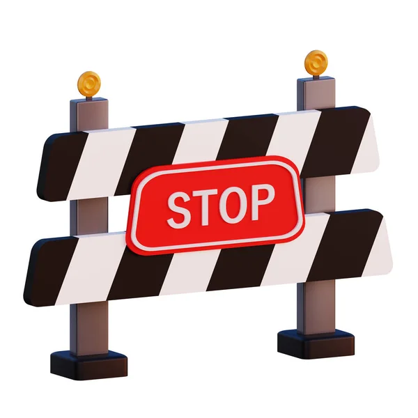 サインを止めて ストップサイン付きのバリアの外観のイラスト 道路の修理 安全ではない領域を禁止した 漫画風のイラスト 3Dレンダリング — ストック写真