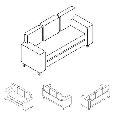 Line set of sofas in isometry. New sofa in different angles in isometric projection. 3d image of home furniture. Vector illustration in cartoon and game style.