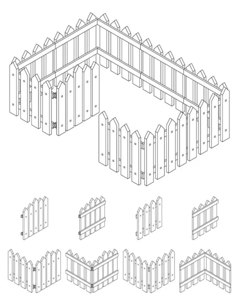 Cartoon Isometric Fence Line Set Wooden Fence Games Set Isometric — Archivo Imágenes Vectoriales