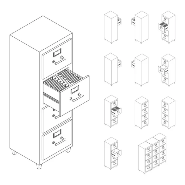 Line Large Isometric Set Drawers Documents Isometric Iron Drawer Old — Stock Vector