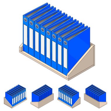 Isometric shelf with folders. Office shelf with documents and files in isometry. The interior of the office. Sorting important documents. Vector illustration in cartoon style, isolated.