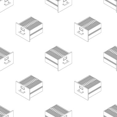 Line large isometric of drawers with documents. Seamless pattern. Isometric iron drawer from an old cabinet with secret documents. Saving data on paper. Vector illustration in cartoon style.