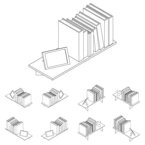 Línea Librería Gran Conjunto Imágenes Vectoriales Isométrico Estante Madera Con — Archivo Imágenes Vectoriales