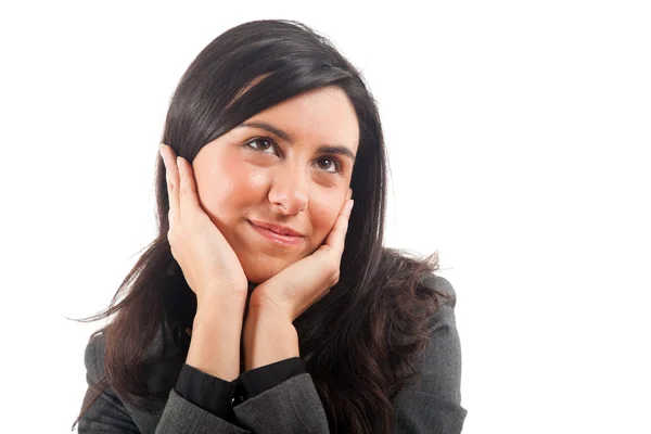 Hermosa joven niña reflexiva, aislado sobre blanco — Foto de Stock