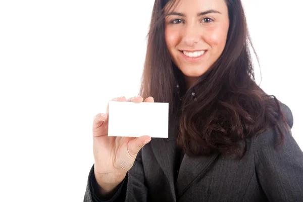 Donna d'affari che mostra un biglietto di auguri vuoto — Foto Stock