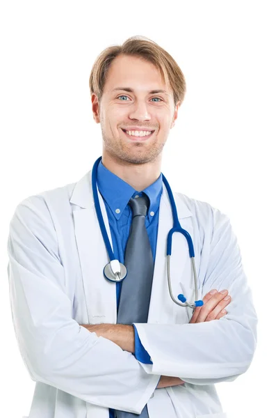 Retrato de um belo médico isolado em branco — Fotografia de Stock