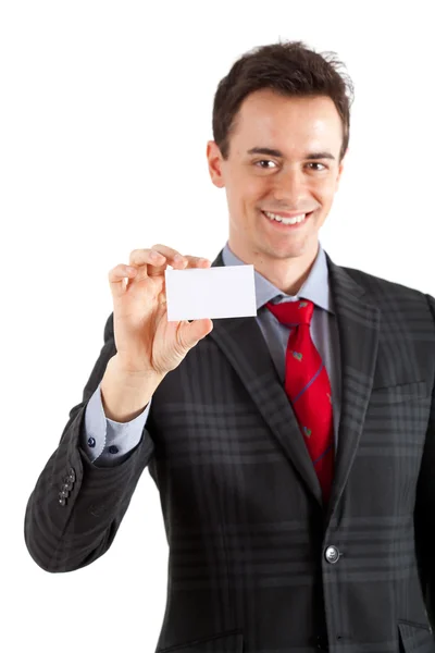 Cartão comercial vazio em uma mão de homem de negócios — Fotografia de Stock
