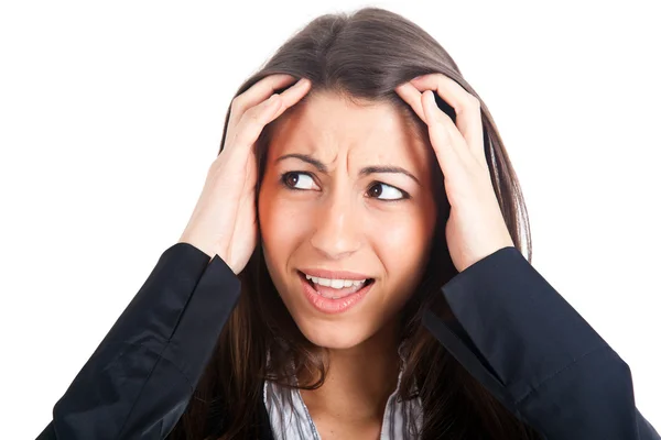 Beautiful stressed businesswoman portrait isolated on white — Stock Photo, Image